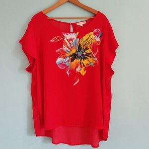 Artisan NY Red Floral Top w Boat Neckline, 2X